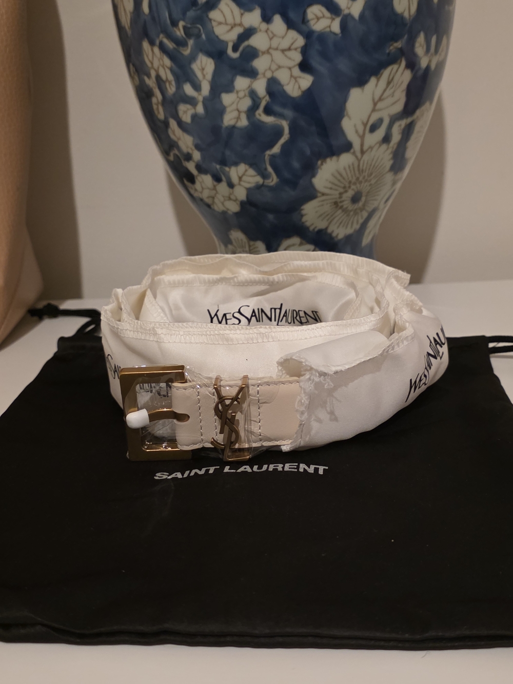 YSL Leather Cassandre Buckle Belt - Size [39.5] Ivory